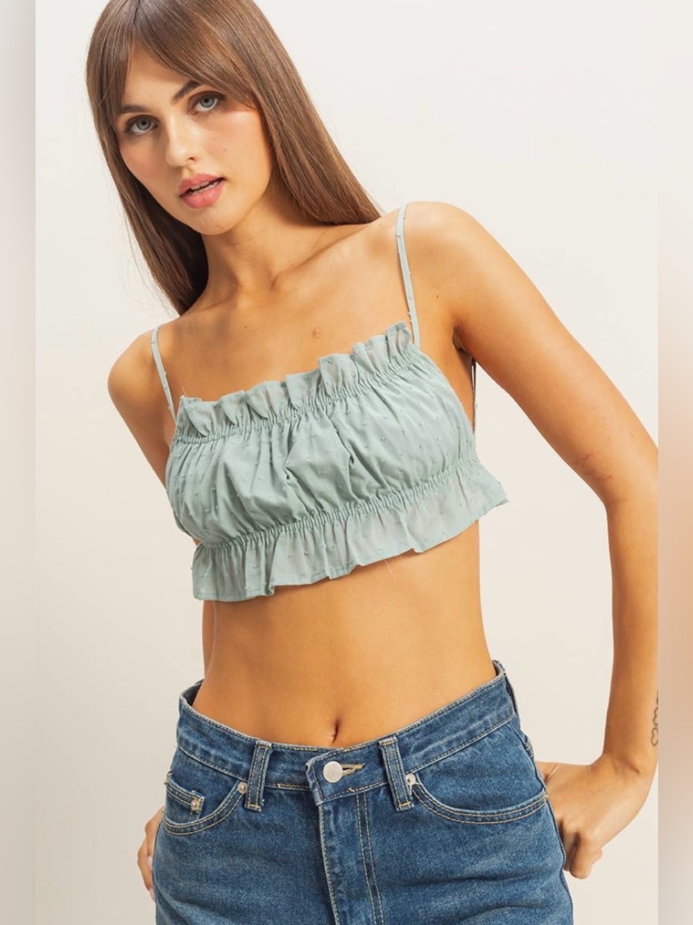 HYFVE Sage Green Swiss Dot Smocked Ruffle Tie Open Back Bandeau NEW